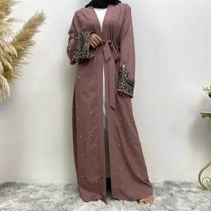 Middle Eastern Muslim Long Sleeved Embroidered Beaded Robe Women Arabic Long Cardigan Large Size Islamic Long Cardigan Dress