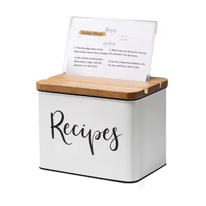 Kotak timah resep tutup kayu logam putih dengan kartu dan pemisah