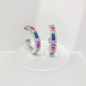 Precio de fábrica, pendientes de plata de ley 925 con piedra arcoíris grande, pendientes colgantes únicos de moda, pendientes de circonia coloridos de verano. - Product Image 3