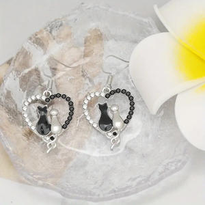 Silver Cat Heart <b>Earrings</b> Rhodium Plated 925 Sterling Silver <b>Black</b> Stone Drop <b>Earrings</b> <b>For</b> <b>Women</b> Everyday Wear - Product Image 3