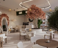 Station de bar à café commerciale moderne, comptoir de bar de café personnalisé, design d'intérieur de bar lounge de café chic avec ensemble de meubles