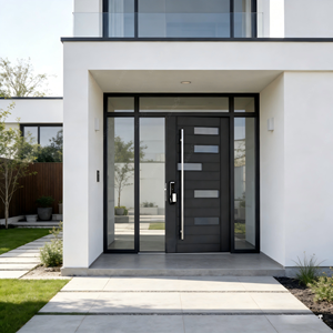 ประตูภายนอกดีไซน์หรูสไตล์อิตาลี พร้อมกระจกสองชั้นเพื่อความปลอดภัย ประตูบานเดี่ยวแบบหมุน ประตูทางเข้าทันสมัย ทำจากไม้และอะลูมิเนียม - Product Image 1