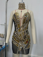 Robe moulante sexy géométrique dorée à bretelles, ornée de strass, en maille noire, pour scène, tenue de performance Rave Diva, micro-élastique