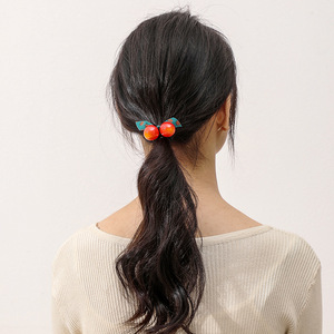 Cherry Hair Tie With Red Cherry <b>Bow</b> And Leaf Design For Ponytail Daily Use Fabric Elastic Hair Rope AL111 - Product Image 2