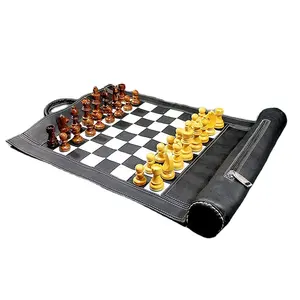 Juego de Ajedrez de viaje de cuero de lujo, juego de mesa enrollable para juegos de mesa para viaje de ajedrez en estuche de cuero