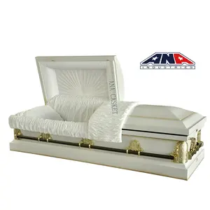 中国インテリジェント工場ANA葬儀用品ホワイトハイライトゴールドハードウェア20gaスチール棺死者用
