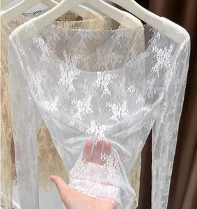 Perspectiva Base de encaje Top Otoño Con cuentas Skinny Fit Seda fina transparente Cuello <span class=keywords><strong>extra</strong></span> grande Capa interior suave - Product Image 2