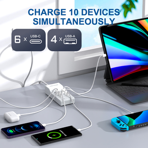VINISEM Cargador Inteligente 10 en 1 USB y Tipo-C para Oficina/Ordenador Portátil Cable <span class=keywords><strong>de</strong></span> 2m, 10 Salidas para Teléfono Blanco con Enchufe EE. UU./Reino Unido/UE - Product Image 4