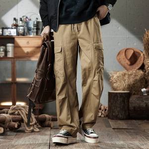 <span class=keywords><strong>Pantalon</strong></span> décontracté pour homme printemps-automne, tendance américaine, coupe droite, style rétro, joker, jambe large, cordon de serrage, plissé, 100% coton, léger - Product Image 4