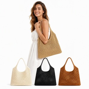 Custom Openwork Woven Straw BeachTote Openwork <b>Knit</b> Summer <b>Bag</b> Single Handle Eco Friendly Market <b>Tote</b> 4 Colors Factory Wholesale - Product Image 1