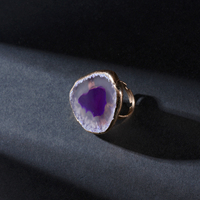 Anillo Ajustable Abierto con Borde Chapado en Oro y Rodaja de Ágata Natural, Anillos de Dedo con Gema Irregular en Bruto, Hechos a Mano, Venta al por Mayor