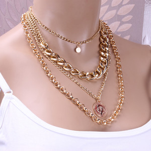 สร้อยคอแบบหลายชั้น โลหะผสมสังกะสีสีทอง จี้เหรียญทรงกลม สร้อยคอฮิปฮอป สร้อยคอแฟชั่น - Product Image 4