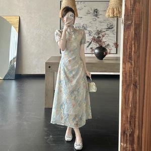 Chinese Style Floral Print Cheongsam Dress For Women Mandarin Collar Natural Waistline Light Elegant Dress Leisure Banquet Wear - Product Image 2