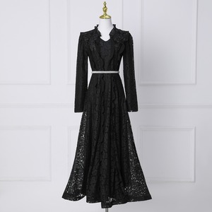 Robe Courte en Mousseline Unie Style Doux, Col Montant, Manches Bouffantes, Coupe Ajustée, Respirante, Printemps, Formelle, Vintage, Dentelle Plissée, Décontractée - Product Image 2