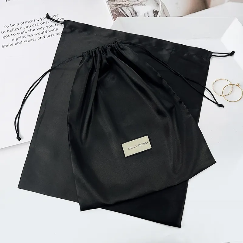 SHUNFA Wholesale Custom Logo Satin Pouch Bag with Woven Label Silk Fabric Drawstring Pouch Bag Luxury Dust Bag for Handbags