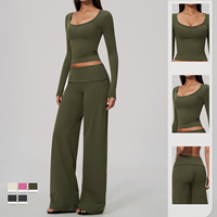 Ensemble de yoga brossé uni pour femme, coupe ajustée, respirant, haut à manches longues et pantalon large, 2 pièces, pour Pilates et fitness