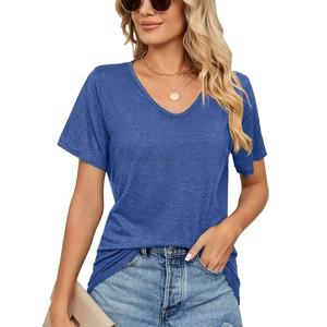 Camiseta de Manga Corta <span class=keywords><strong>para</strong></span> Mujer, de Algodón, con Microetiqueta, Estilo Retro de Verano, Cuello en V, Transpirable, Talla Grande, Holgada - Product Image 4