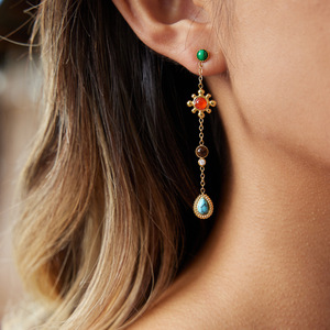 Drop Earrings 18K Gold Plated Natural Stone Teardrop Shape Flower Design Bezel Setting For Women Gift Jewelry Yiwu Origin - Product Image 2