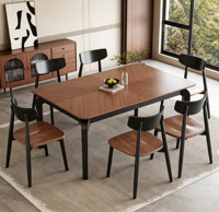 Table et chaises de salle à manger rectangulaires en bois massif noir, idéales pour les salles à manger domestiques, les hôtels, les villas et les appartements