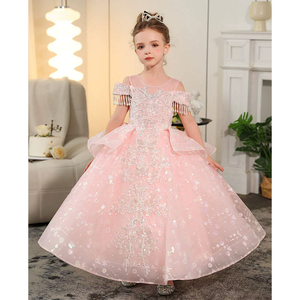 Großhandel <span class=keywords><strong>3</strong></span>-14Y Pink Pailletten Kinder Abend party Trail ing <span class=keywords><strong>Prom</strong></span> Kleid Boden länge Blume Mädchen Kleider Teenager Kinder Kleidung - Product Image 3