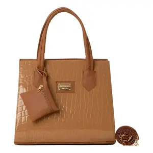 Bolso de mano para mujer Fana Brina, piel sintética color camel, asas dobles, diseño con logotipo, M3828, bolso informal. - Product Image 3