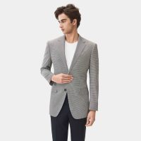 Blazer décontracté pour homme en tissu TR gris à pied-de-poule, coupe ajustée, extensible, avec des caractéristiques anti-froissement et durables