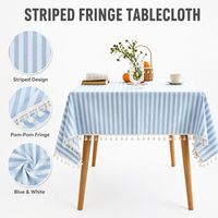 Nappe rayée en coton et lin tissé, bleu et blanc, à rayures verticales avec franges et pompons pour table à manger, décoration extérieure