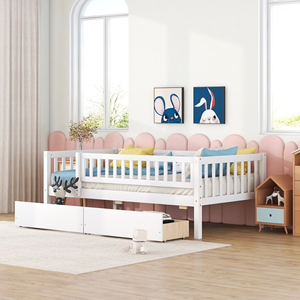 Cama de Día Doble de Madera con Dos Cajones, Cama Infantil Blanca con Almacenamiento - Product Image 1
