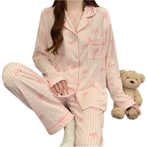 Setelan Piyama Wanita Motif Pita Korea Bergaris Manis Lengan Panjang Kerut Pinggang Elastis Foto Asli - Product Image 2