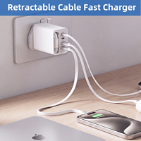 Cargador de Pared con Enchufe del Reino Unido, Cable USB C Retráctil Integrado, 4 Puertos USB A+C, Bloque de Carga Rápida, Adaptador de Entrega de Energía PD 3.0