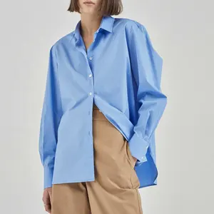 Women cotton poplin shirts Curved side-split hem Longer back detail Tailored fit lightweight 100% cotton shirt blouse