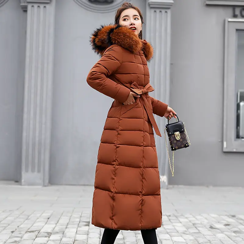 फैशन महिलाओं रजाई बना हुआ गद्देदार कोट सर्दियों पहनना Hooded बड़ा फर कॉलर बेल्ट गर्म मोटी Puffer बुलबुला घिसना आकस्मिक मैक्सी लंबी कोट