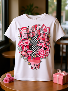 T-shirt stampata da donna per San Valentino, manica corta, girocollo, motivo a cuore, stella, plaid, casual, primavera estate - Product Image 2