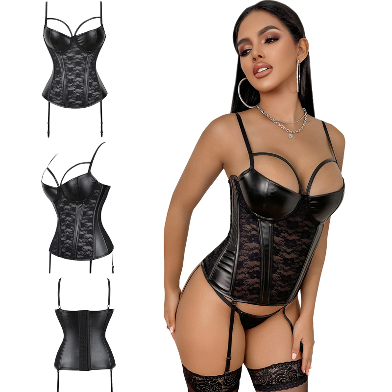 sexy womens plus size lingerie PU leather corset plus size Women'S Underwear With V Neck lace lingerie