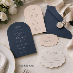 Suite d'invitations de mariage moderne bicolore personnalisée avec cartes découpées en forme d'arche et festonnées et motifs floraux simples en ligne - Product Image 4