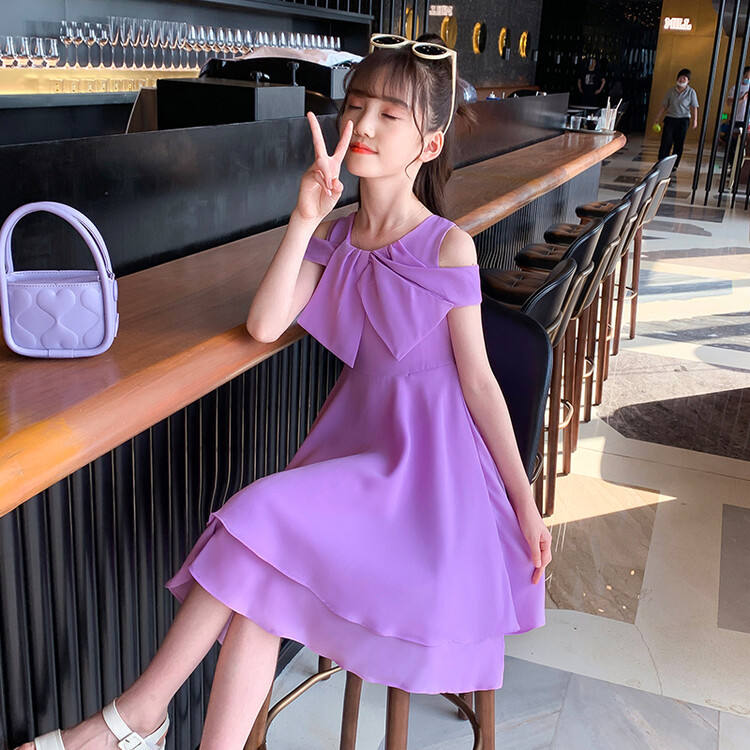 Meninas vestido de chiffon verão fino saia menina vestido de verão