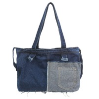 Sac fourre-tout en jean patchwork avec poche avant, ourlet effiloché, grand sac à bandoulière pour les sorties quotidiennes