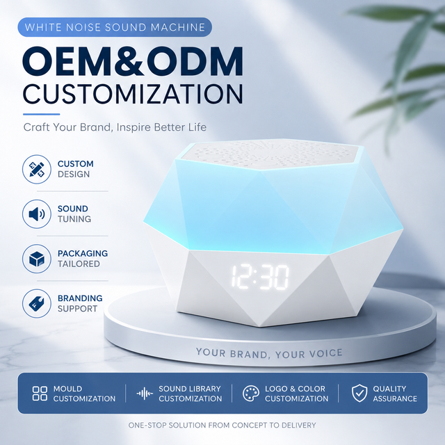OEM ODM Portable White Noise Machine with 32 Soothing Sounds RGB Night Light Digital Clock Relieve Stress Sleep Aid Device
