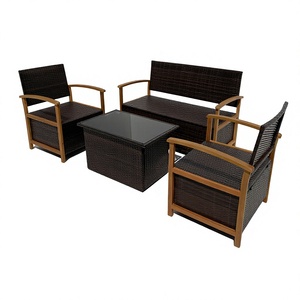 Juego de Muebles de Jardín de 4 Piezas de Ratán de Acacia de Primera Calidad, Moderno y de Alta Calidad, con Mesa Ajustable y Cojines Grises Impermeables - Product Image 1
