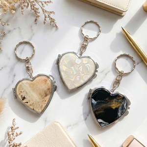 Heart Shaped Metal Compact <b>Mirror</b> Keychain Marbled Acetate <b>Acrylic</b> Top Plate Silver Plated Double Sided Pocket Vanity <b>Mirror</b> - Product Image 1