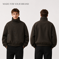 Blouson Bomber en Laine Personnalisé pour Homme, Style Streetwear Marron Oversize, Boutons Asymétriques, Col Montant, Fabrication OEM Marque Privée