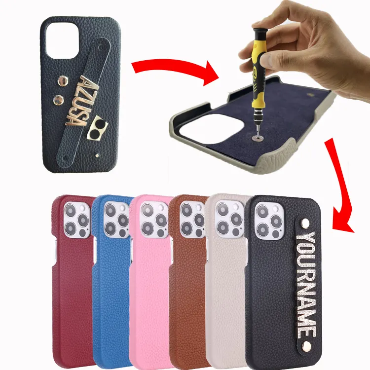 Customised Metal Letter Name Strap Pebble Pu Leather Phone Case For iPhone 11 12 13 14 Pro Max Mini Xs Xr SE 7 8 Plus Cover
