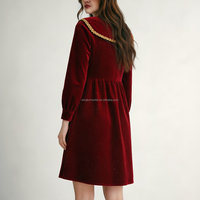 Robe en velours scintillante pour femmes, bordeaux, avec bordure dorée, col Peter Pan, manches longues, robes de fête