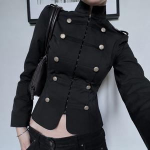 Chaqueta Bomber Negra Ajustada para Mujer, Chaqueta Corta de Lana con Cuello Alto y Doble Botonadura para Otoño - Product Image 1