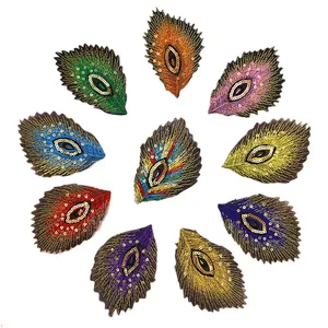 Iron on peacock featierh design embroidery patches 10 color 4 inch gold thread with sequin embroidered applique