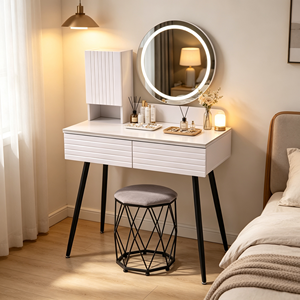 Modern Makeup <b>Vanity</b> With Lighted <b>Mirror</b> Storage Drawers Bedroom <b>Dressing</b> <b>Table</b> With Stool - Product Image 4