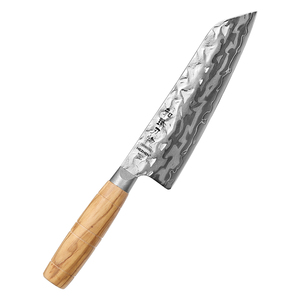 <span class=keywords><strong>Couteau</strong></span> <span class=keywords><strong>Santoku</strong></span> XINZUO en acier Damas martelé avec manche en bois d'olivier, pour chef professionnel, idéal pour couper la viande et les légumes. - Product Image 1