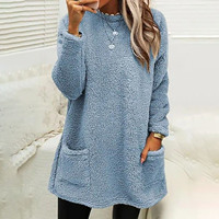 Automne hiver coréen avant Logo couleur unie cou décontracté ample à manches longues poche en peluche sueur femmes Anti-boulochage