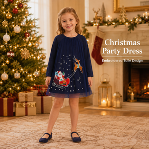 Vestido de Fiesta Navideño para Niñas, Tul Bordado con Santa Claus, Manga Larga, 100% Algodón, Azul Marino, para 2-7 Años, Personalizado OEM - Product Image 1