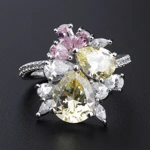 women luxury jewelry engagement pear cut stacking yellow pink diamond cz zirconia 18k gold plated s925 silver cocktail ring